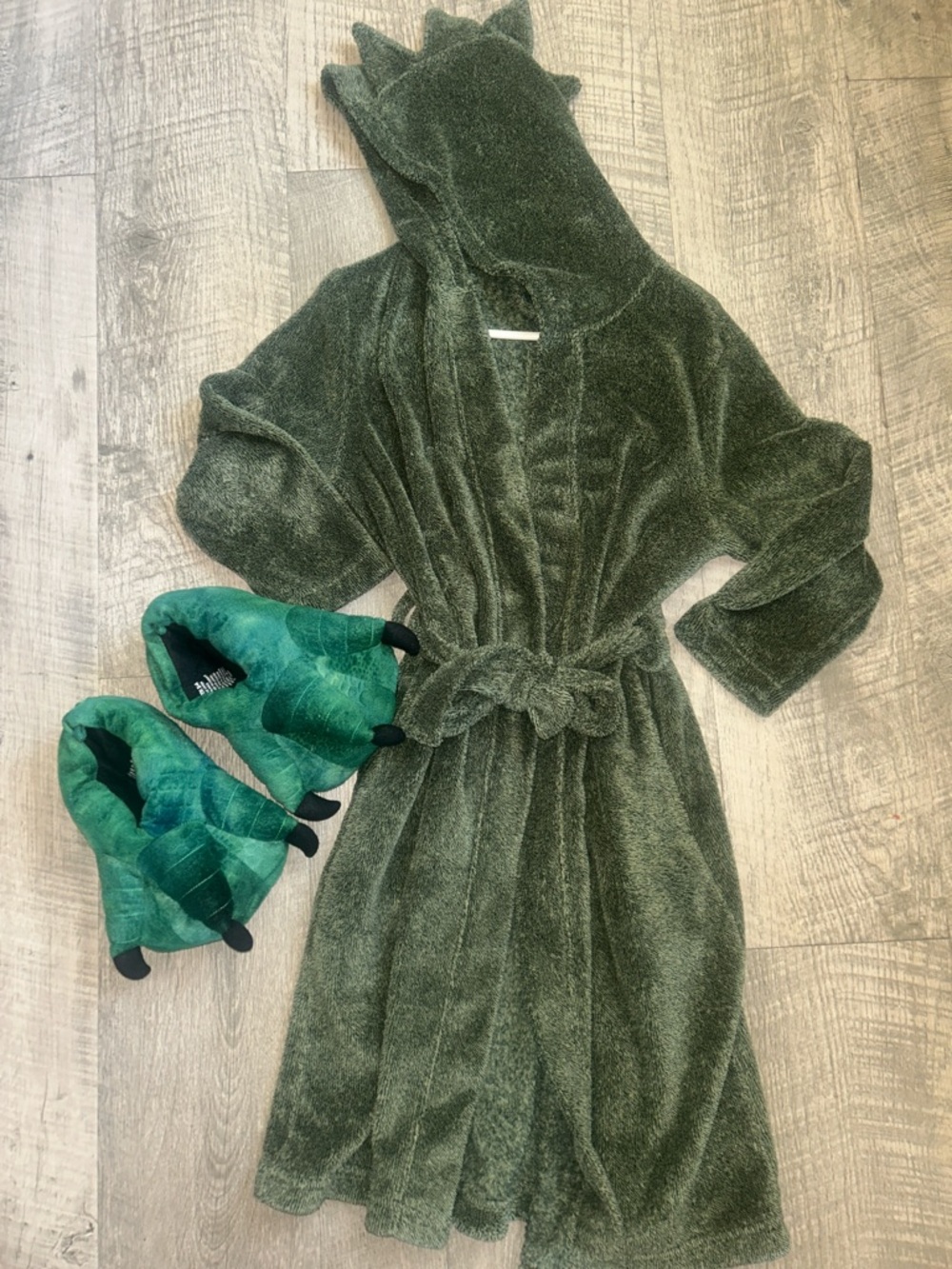 Green Plush Hooded Robe with Dinosaur Slippers